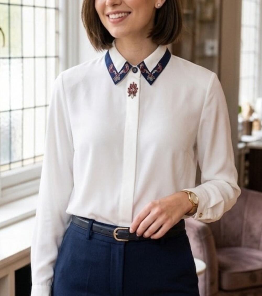 Vintage 90's Koret Minimalist Semi Sheer Blouse with Navy Collar and Embroidery